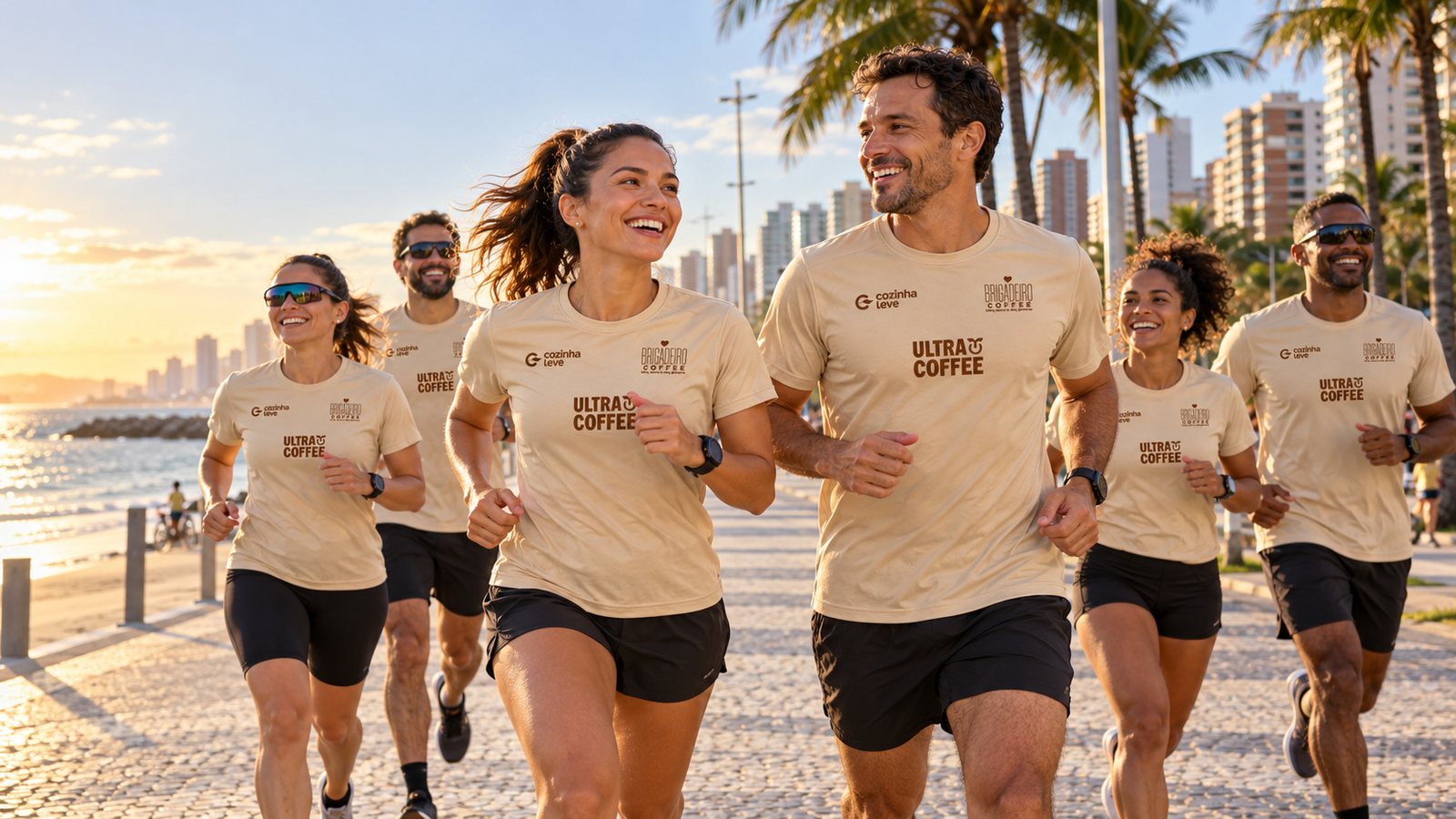 Grupo correndo na orla de Fortaleza ao amanhecer, com as camisas do Leve Run