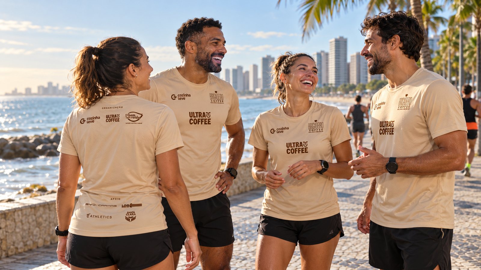 Quatro convidados do Leve Run conversando na orla depois da corrida